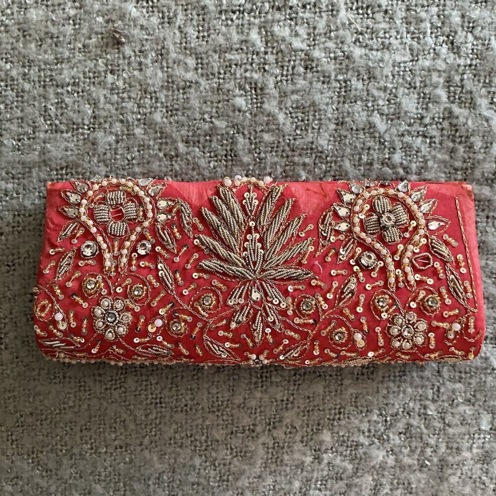 Red Gold Embroidered Beaded Evening Clutch Purse Floral Sequins Rhinestones